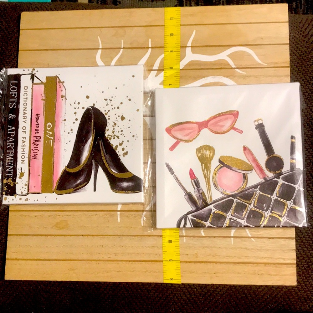 New 8” x 8” Makeup Bag Sunglasses Beauty Heels Books Canvas Wall Art Decor Set